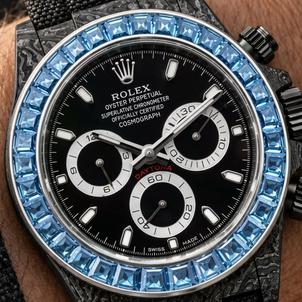 Macro of the black dial with steel markers and silver-ringed counters inside the sky-blue stone bezel