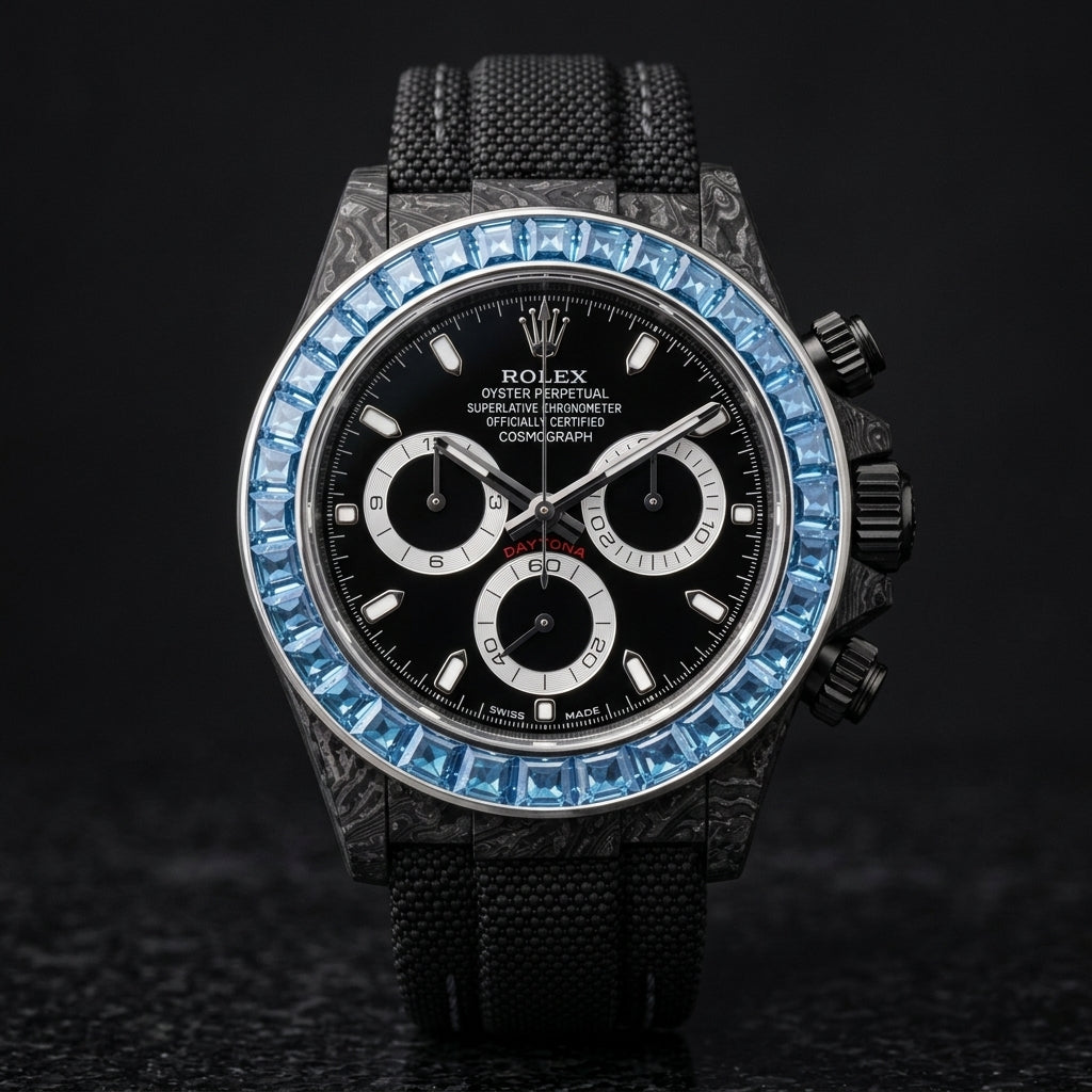 Black forged-carbon chronograph with a sky-blue stone bezel on its black woven strap, worn on the wrist below a dark suit cuff