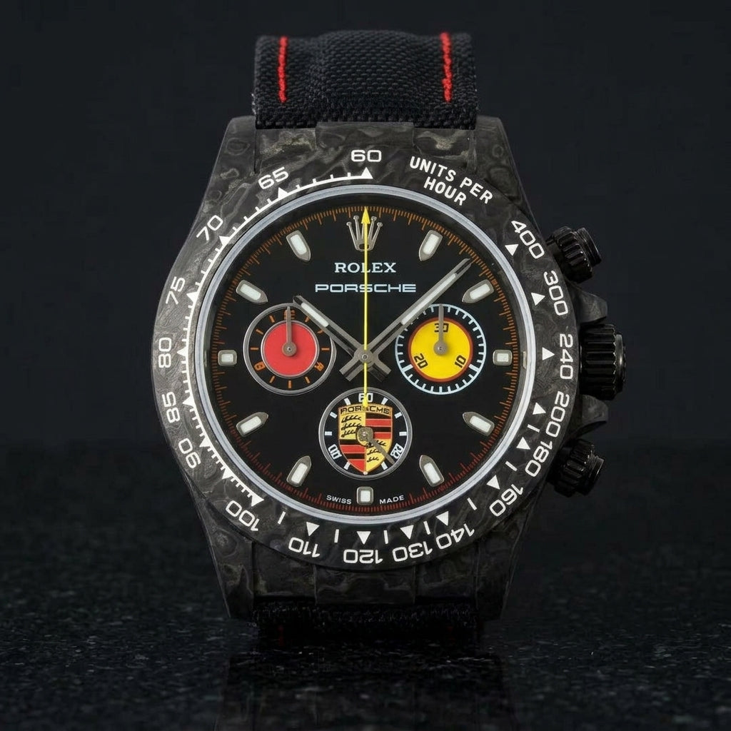 Black forged-carbon chronograph with red and yellow counters on black granite