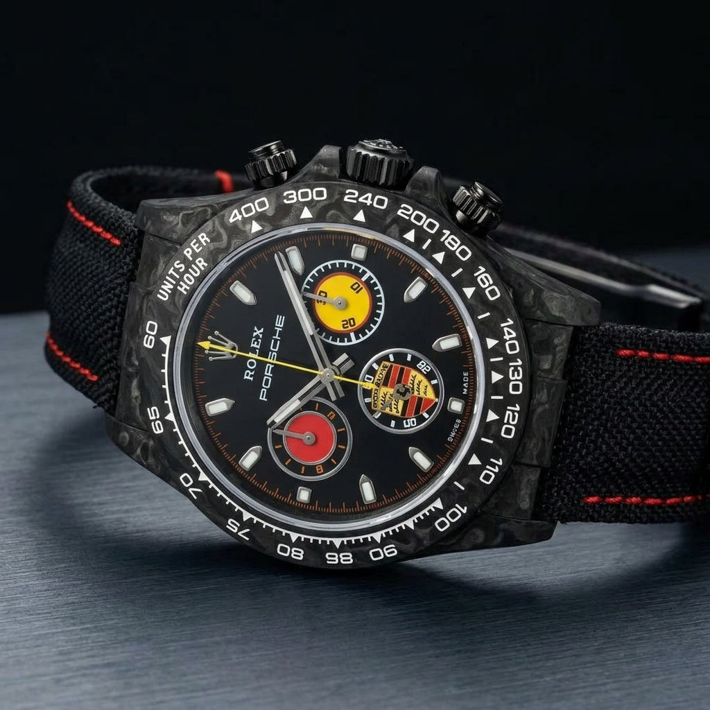 Black forged-carbon racing chronograph at a three-quarter angle on dark slate