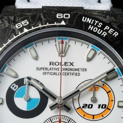 Macro of the white dial, its blue-and-white roundel and the orange counter