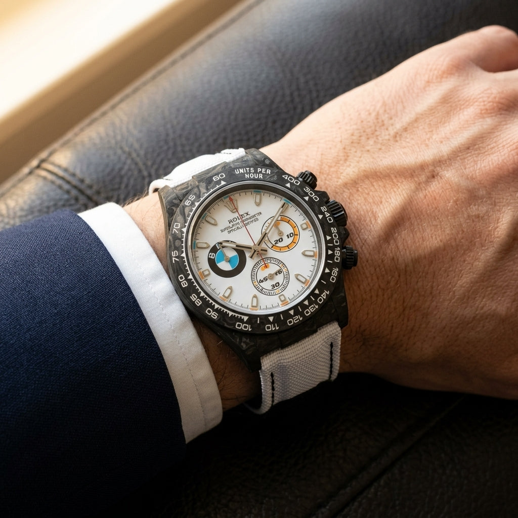 Black forged-carbon chronograph on a white strap worn under a suit cuff