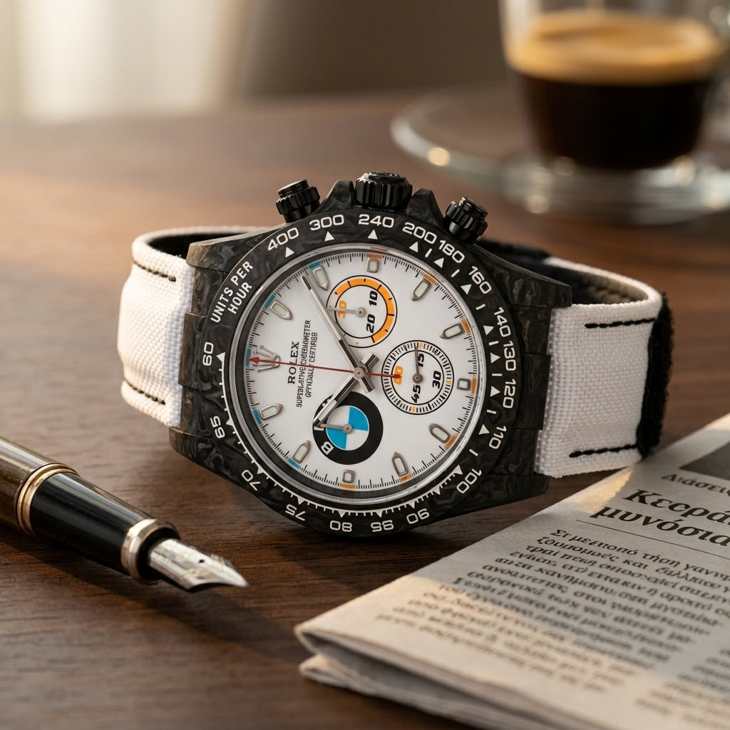 Black forged carbon chronograph resting on a dark desk beside a fountain pen