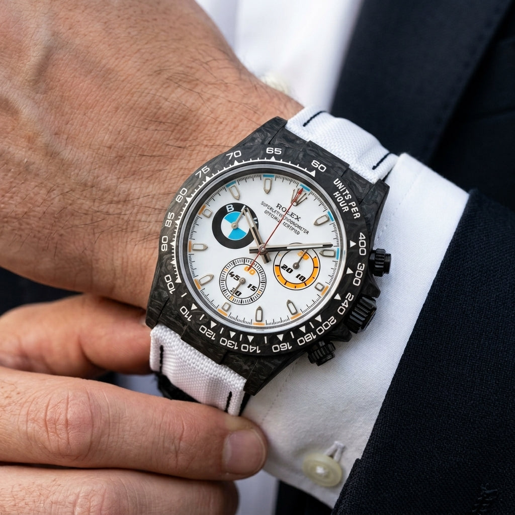 The white-dial carbon chronograph under a suit cuff at the wrist