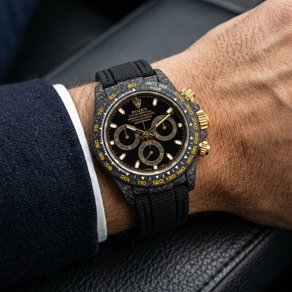 Black carbon chronograph with a black dial and yellow scale on its black woven strap, worn on the wrist below a suit cuff
