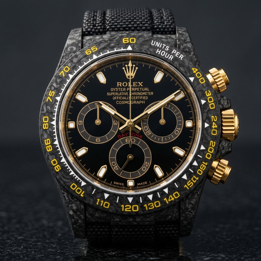 Black carbon chronograph with a black dial and yellow scale on its black woven strap, worn on the wrist below a suit cuff