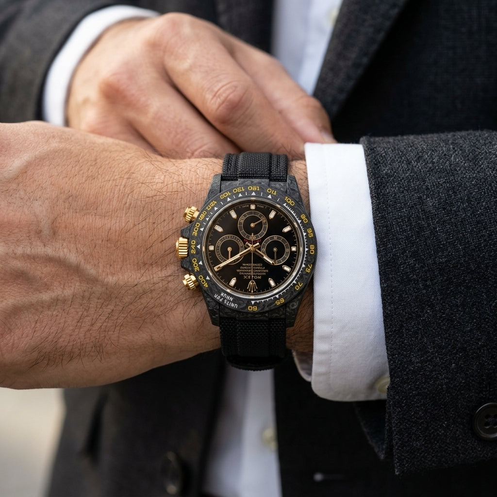 Black forged carbon chronograph with a black and gold dial and a yellow tachymeter scale on the wrist as a shirt cuff is fastened