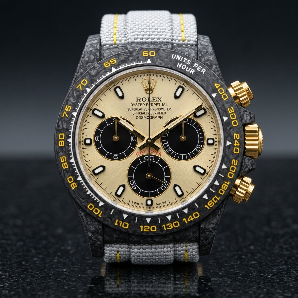 Black forged carbon chronograph with a champagne dial, black counters and a yellow tachymeter scale, upright on polished black granite