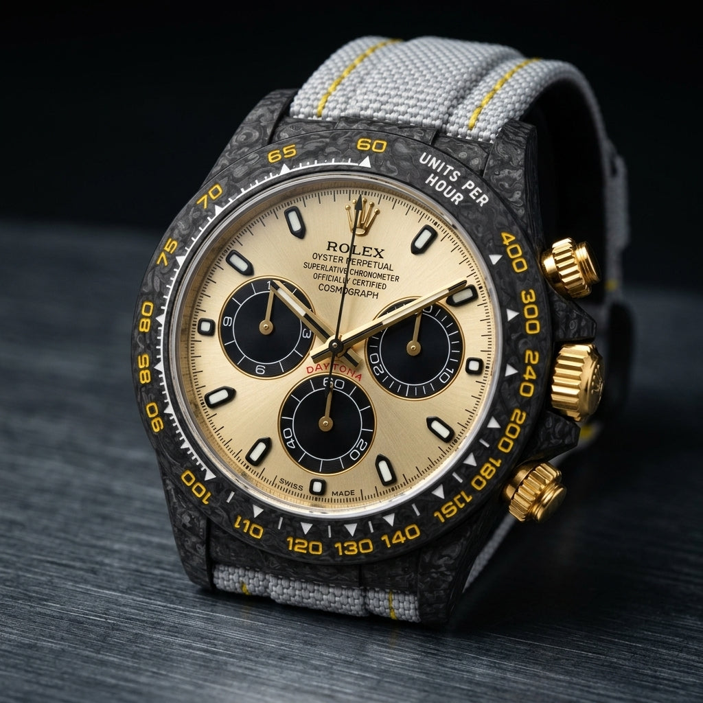 Black forged carbon chronograph at a three-quarter angle on dark slate, its gold crown and pushers against the marbled carbon flank