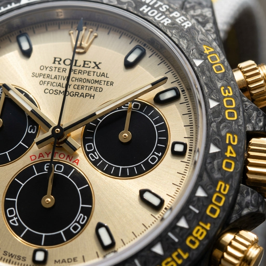 Macro of the champagne sunray dial, its three black counters in gold rings, inside the yellow-printed carbon bezel