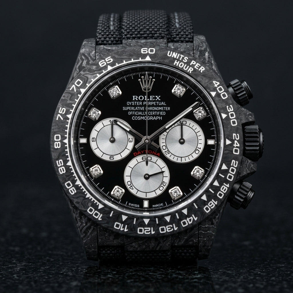 Black forged carbon chronograph with a black dial, silver counters and clear stone hour markers, upright on polished black granite