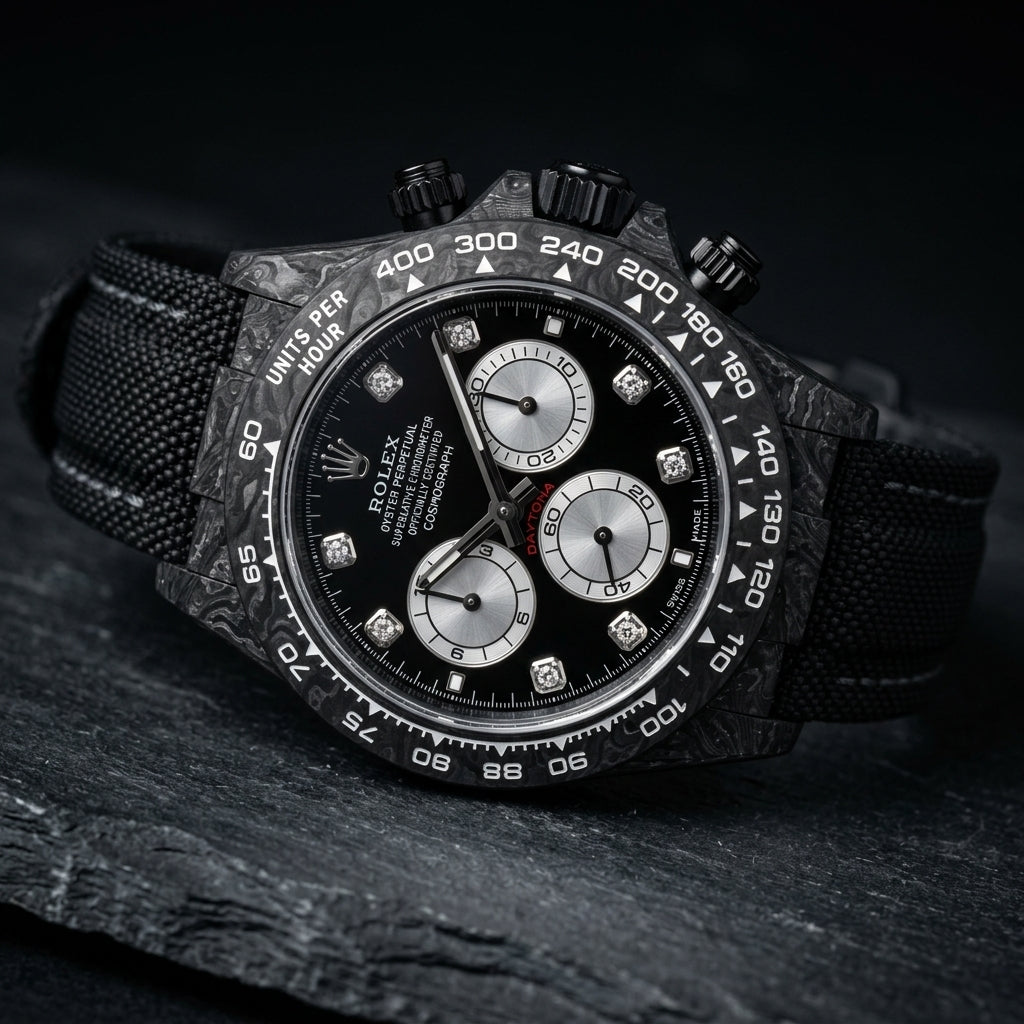 Black forged carbon chronograph at a three-quarter angle on dark slate, its black crown and pushers against the marbled carbon flank