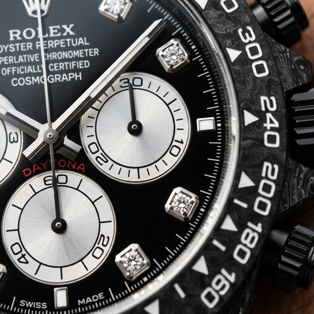 Macro of the glossy black dial, its three silver counters and the clear moissanite markers in square settings
