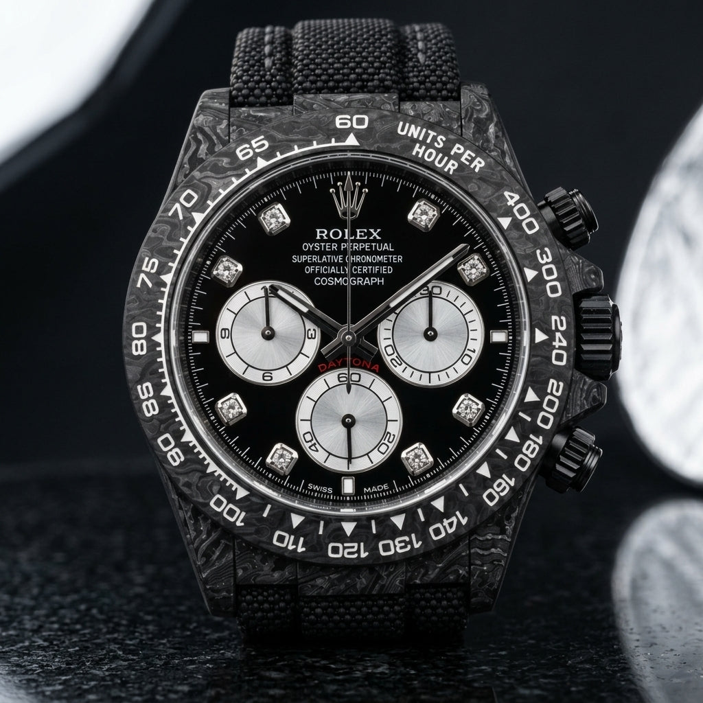Black carbon chronograph on its black beaded fabric strap with grey stitching, worn on the wrist below a dark suit cuff