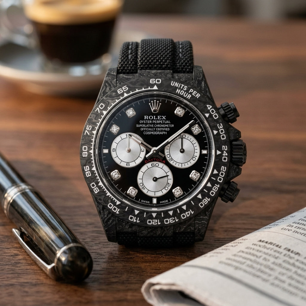 Black forged carbon chronograph with a black dial, silver counters and moissanite markers on a dark walnut desk beside a fountain pen