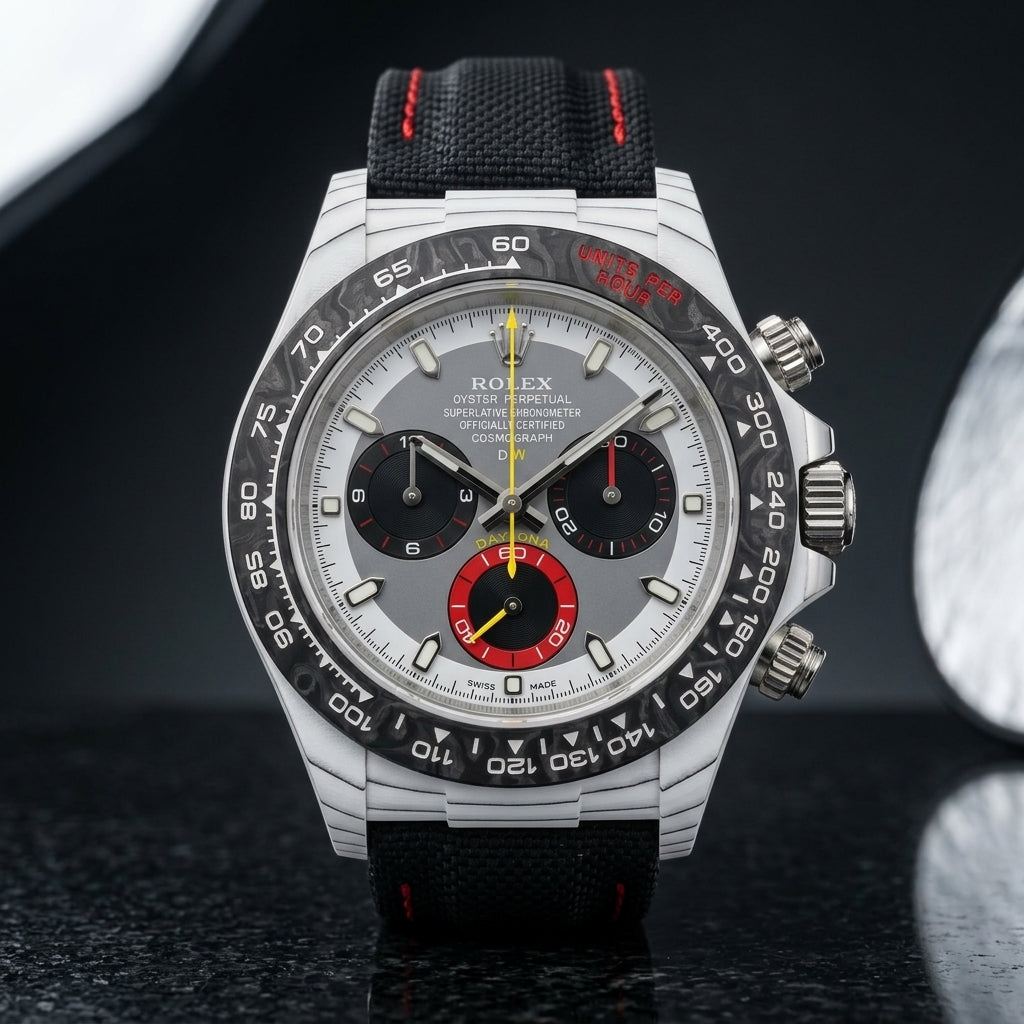 White forged carbon chronograph with a black bezel, a grey and white dial and a red counter at six, upright on polished black granite