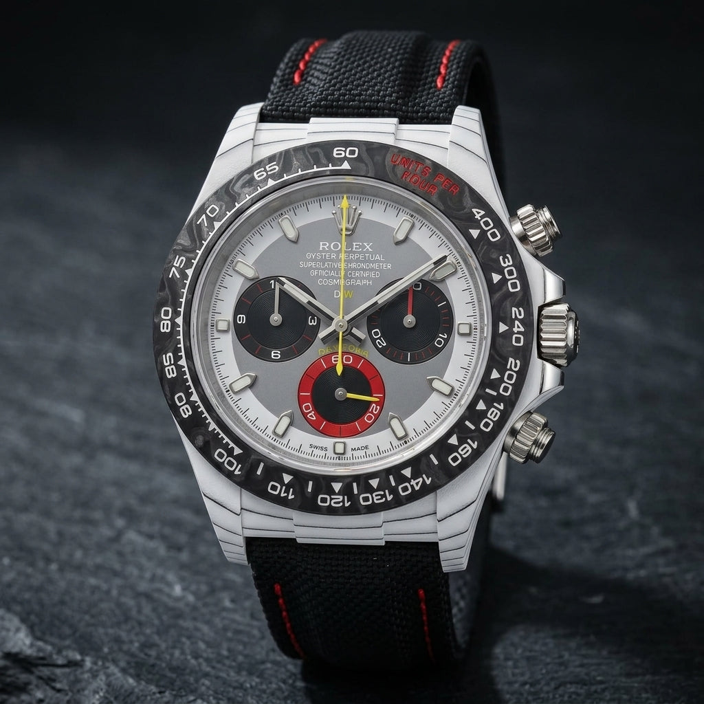 White forged carbon chronograph at a three-quarter angle on dark slate, fine dark layer lines along its flank
