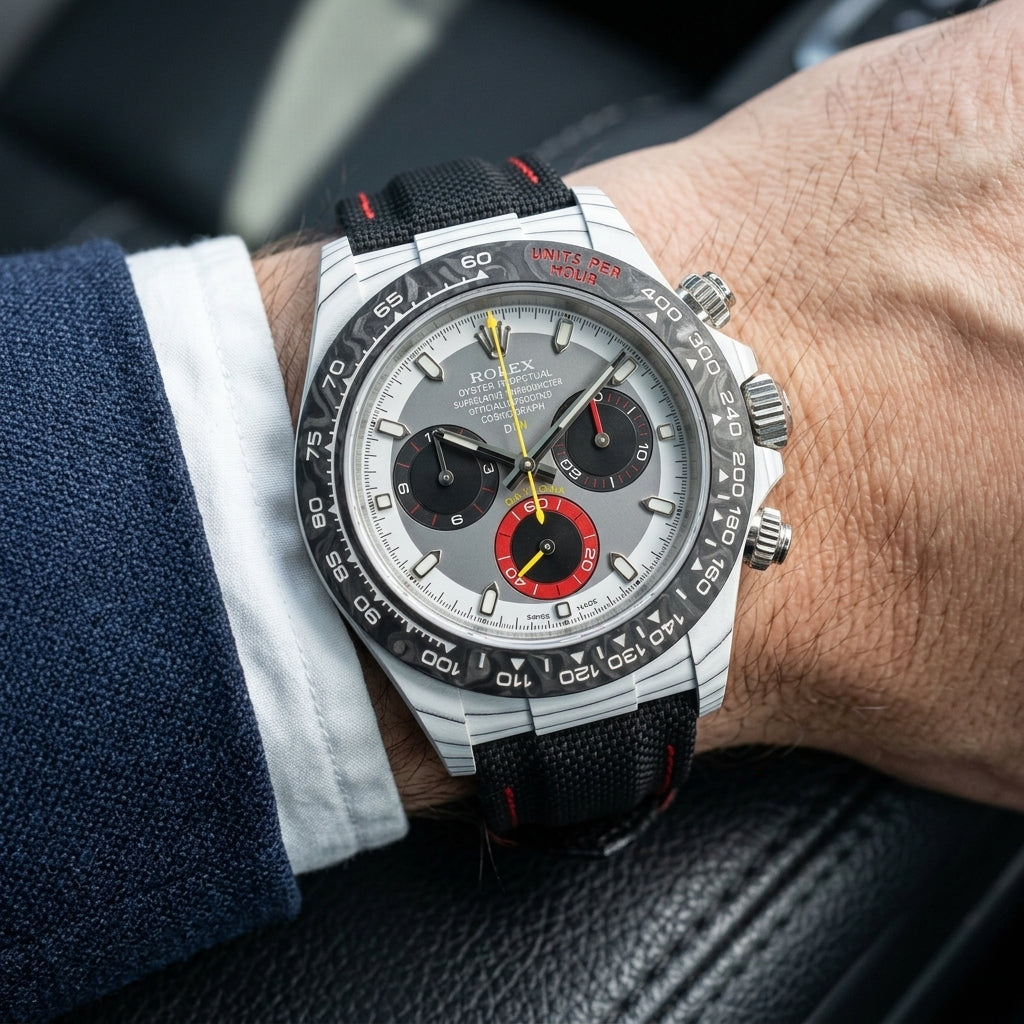 White carbon chronograph on its black canvas strap with red stitching, worn on the wrist below a navy suit cuff