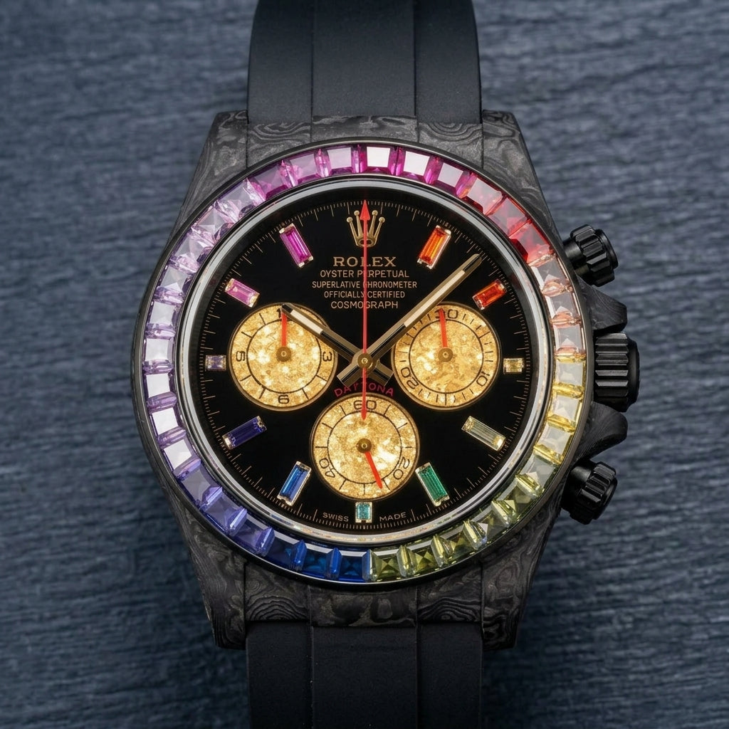 Rainbow bezel carbon chronograph at a three-quarter angle on dark slate