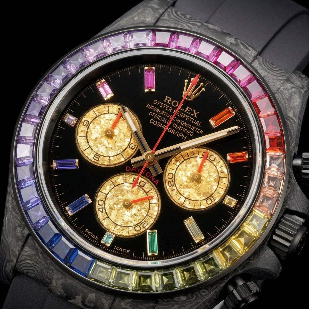 Macro of the gold leaf counters and full spectrum rainbow bezel