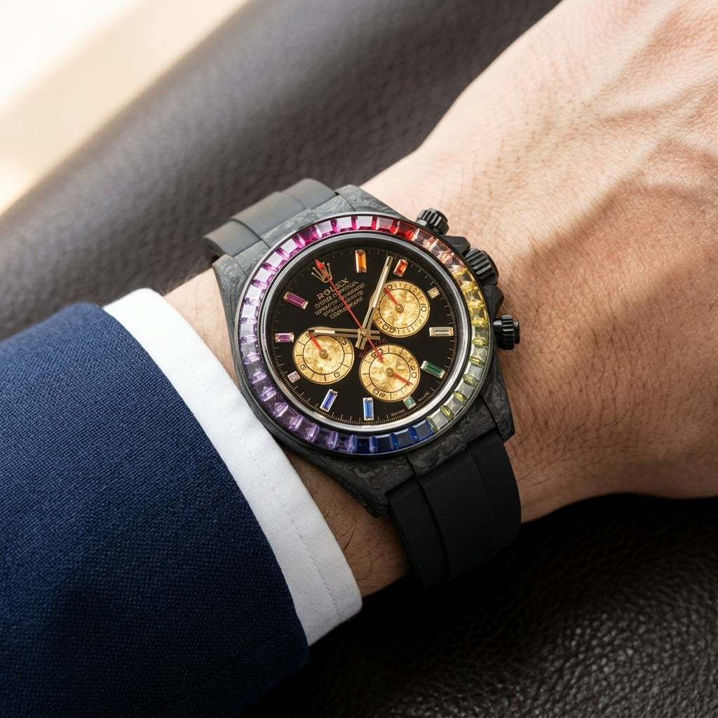 Rainbow bezel carbon chronograph on a black rubber strap worn under a suit cuff