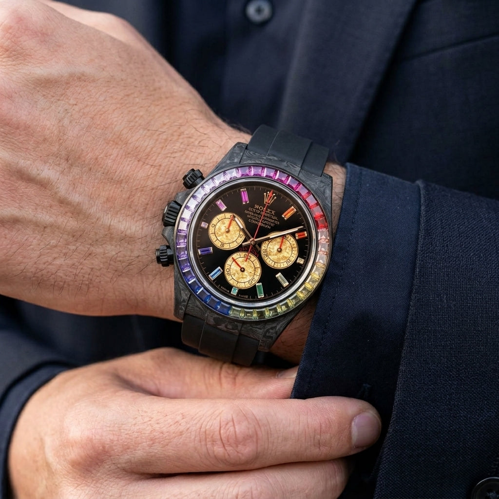 Forged carbon chronograph with a rainbow bezel and gold leaf counters on the wrist as a shirt cuff is fastened