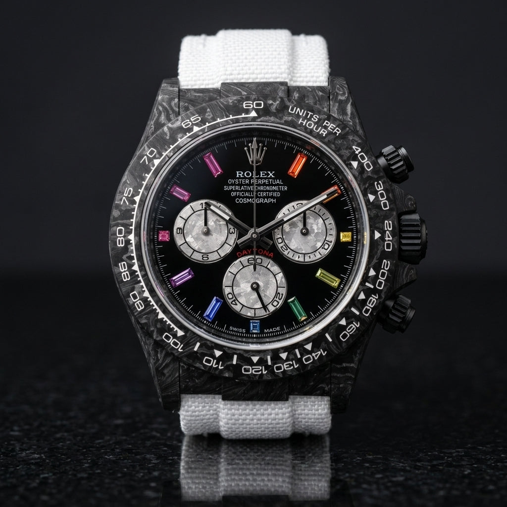 Black carbon chronograph with rainbow stone markers on its white woven strap, worn on the wrist below a dark suit cuff