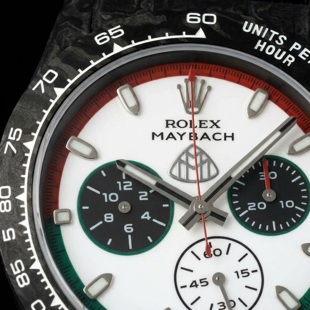 Macro of the white dial with its red upper ring and green lower ring