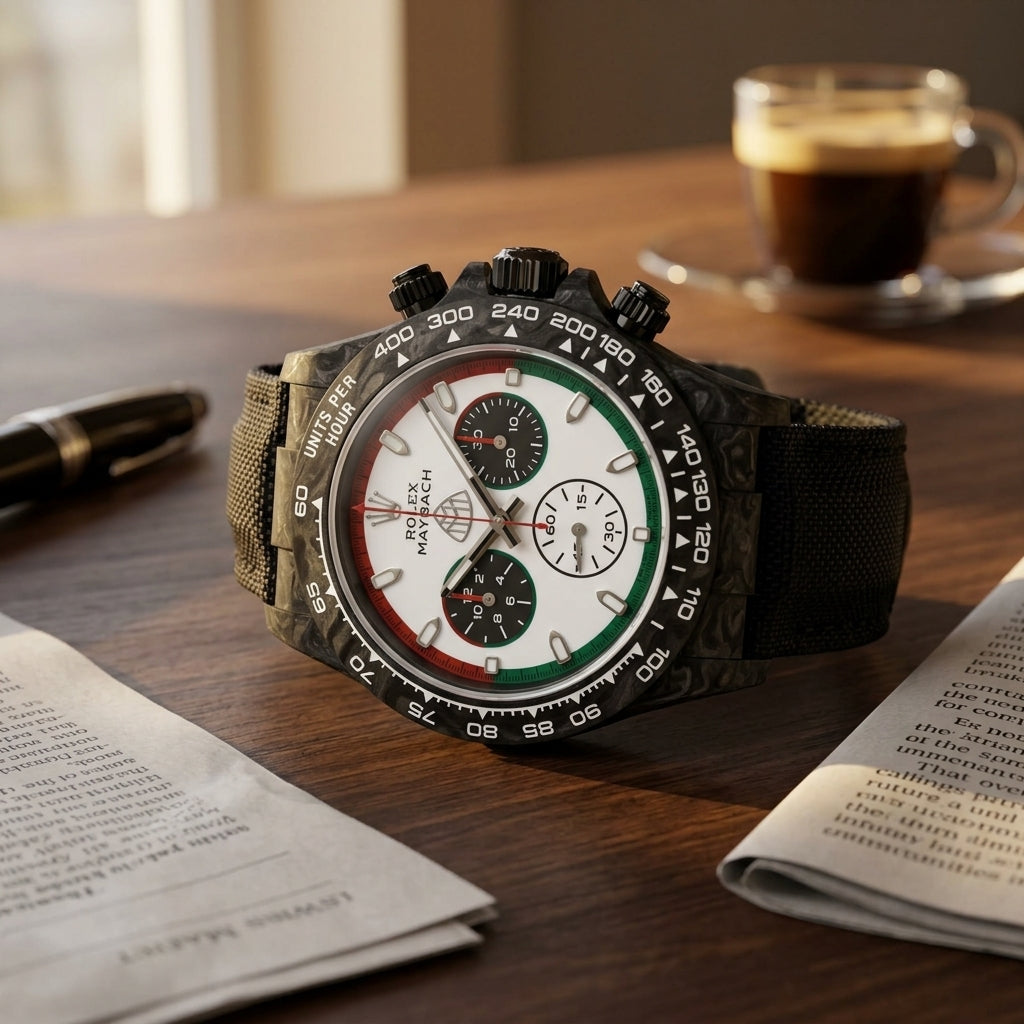 Black forged carbon chronograph resting on a dark desk beside a fountain pen
