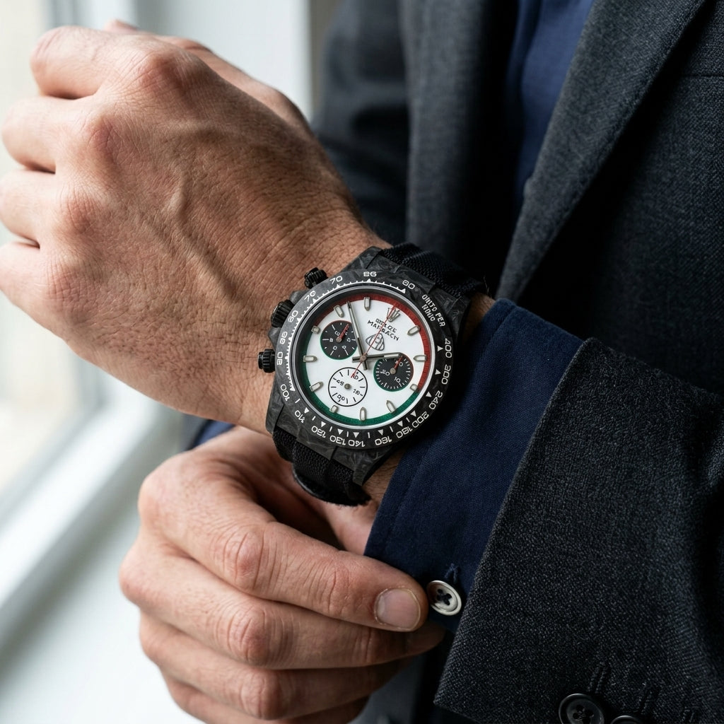 The red-and-green ringed chronograph under a suit cuff at the wrist