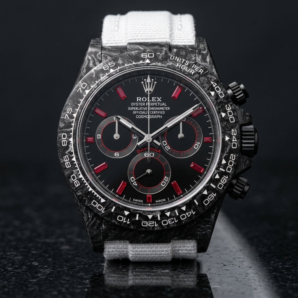 Black forged carbon chronograph with red baguette stone markers on a black dial and a white tachymeter scale, upright on polished black granite