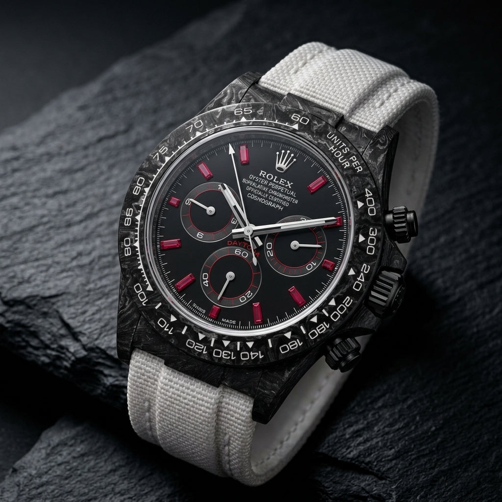 Black forged carbon chronograph at a three-quarter angle on dark slate, its black crown and pushers against the white-veined carbon flank
