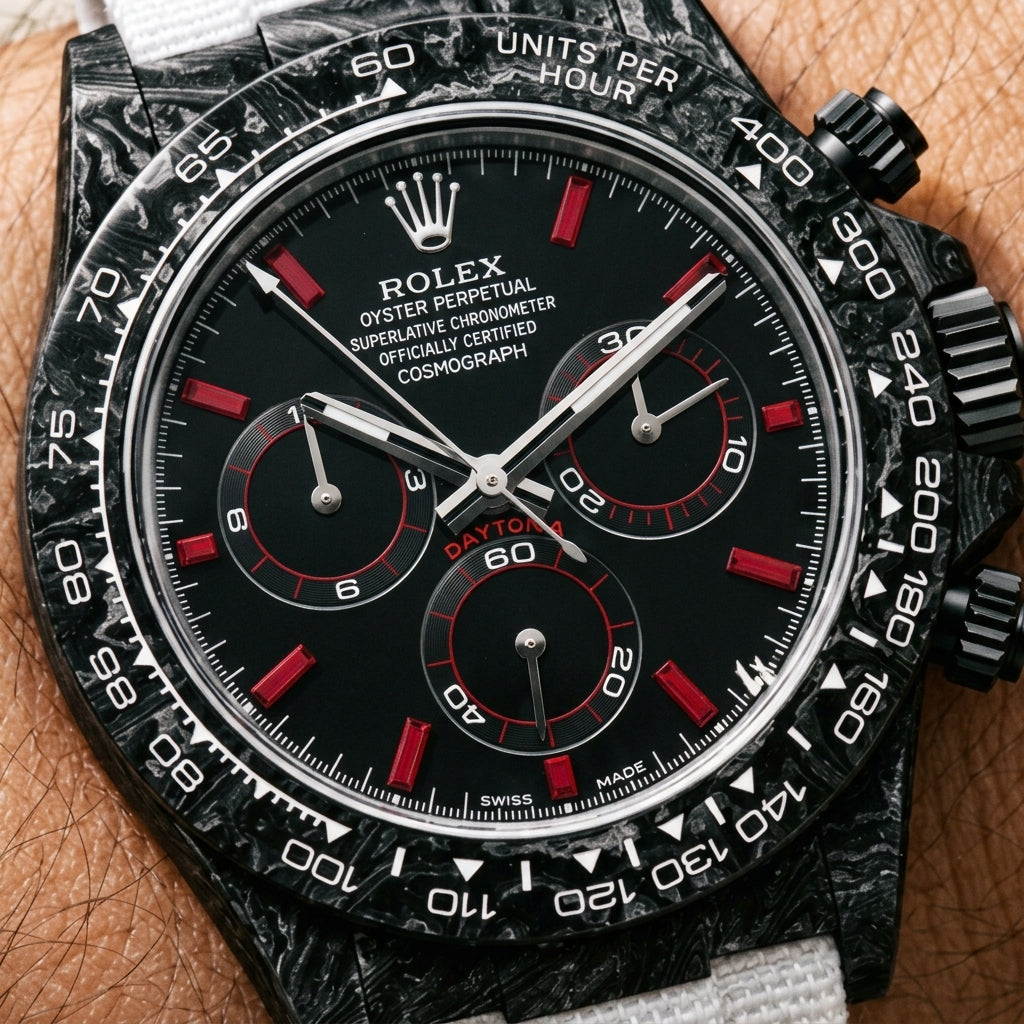 Macro of the black dial with red baguette stones and three counters ringed in red, inside the white-printed carbon bezel