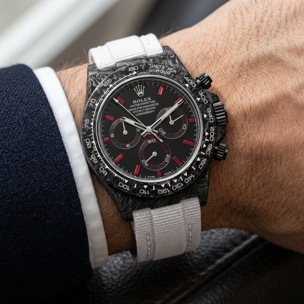 Black carbon chronograph with red baguette markers on its white woven strap, worn on the wrist below a suit cuff