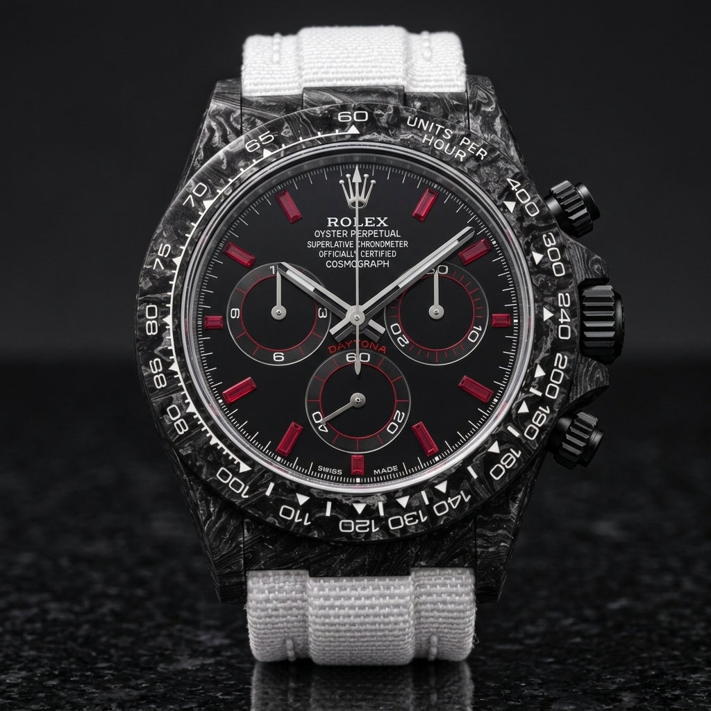 Black carbon chronograph with red baguette markers on its white woven strap, worn on the wrist below a suit cuff