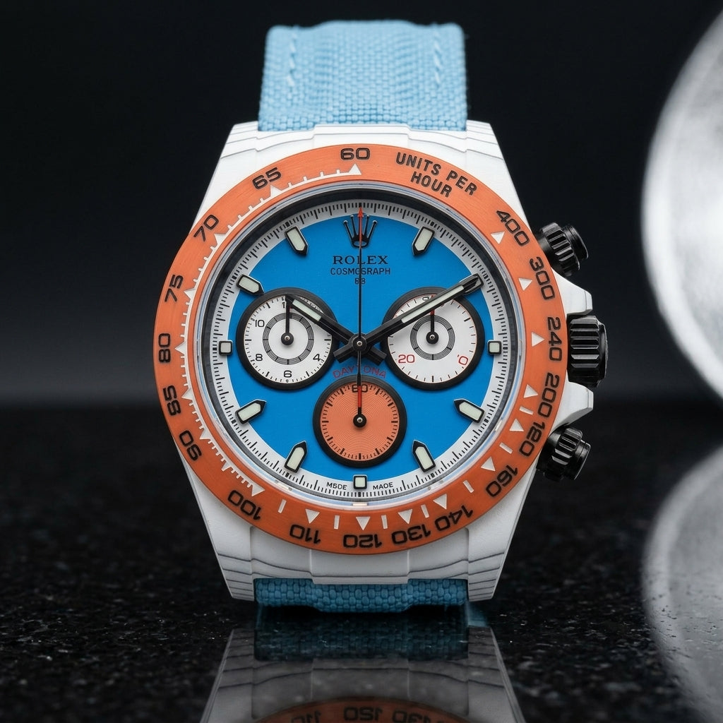 White forged carbon chronograph with an orange bezel, a sky-blue dial and an orange counter at six, upright on polished black granite