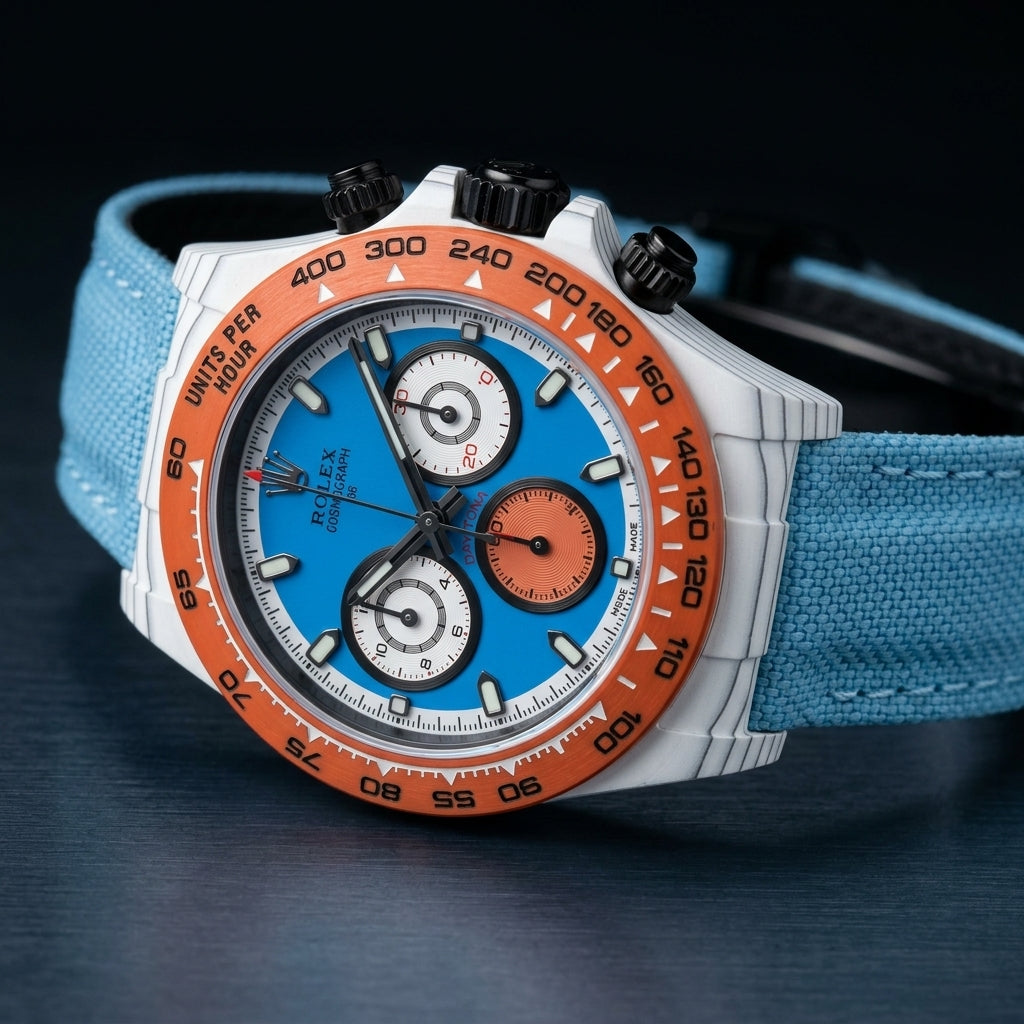 White forged carbon chronograph at a three-quarter angle on dark slate, fine grey layer lines along its flank and black pushers