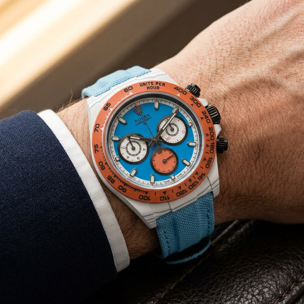 White carbon chronograph on its light sky-blue canvas strap, worn on the wrist below a navy suit cuff