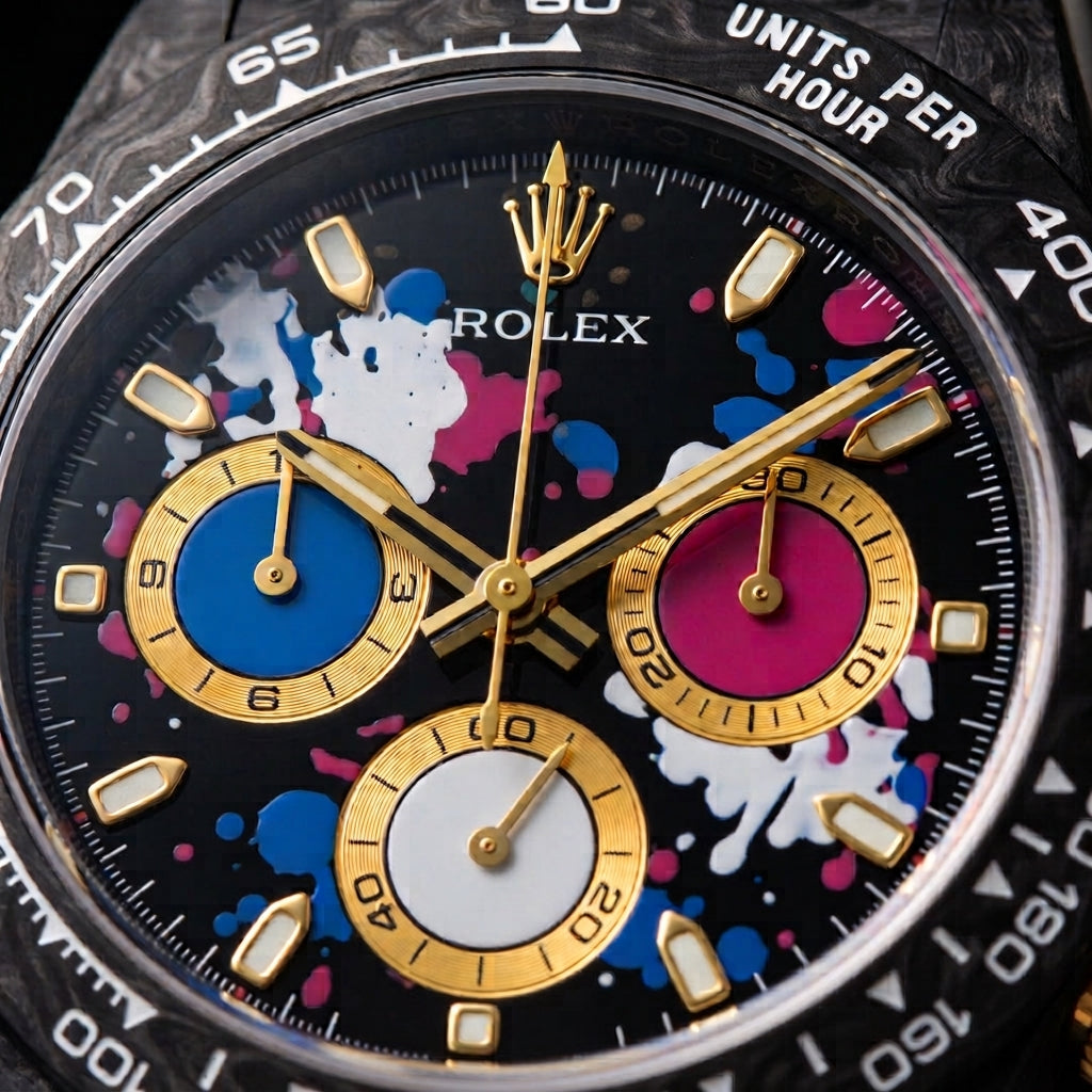 Macro of the paint-splash dial, its three gold-ringed counters and gold hands