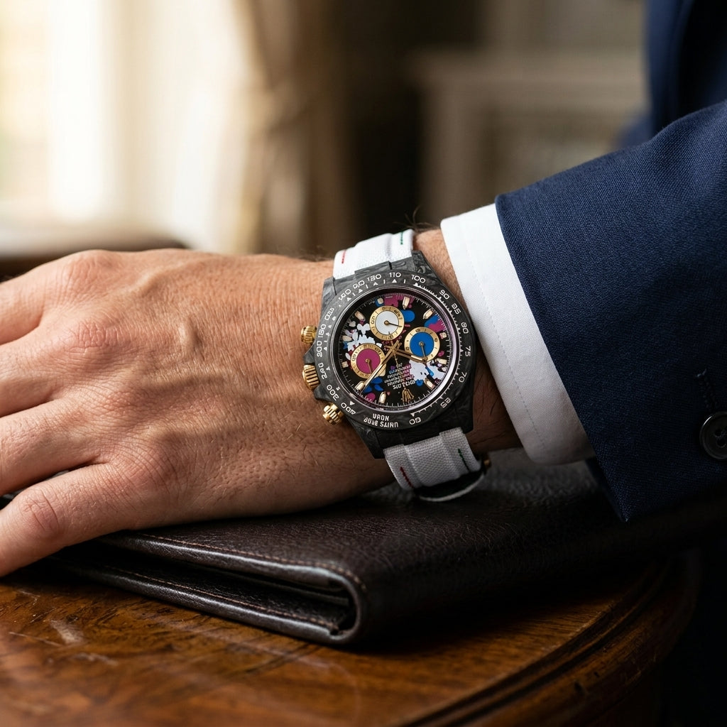 Black forged-carbon chronograph on a white strap with green and red stitching, worn under a suit cuff