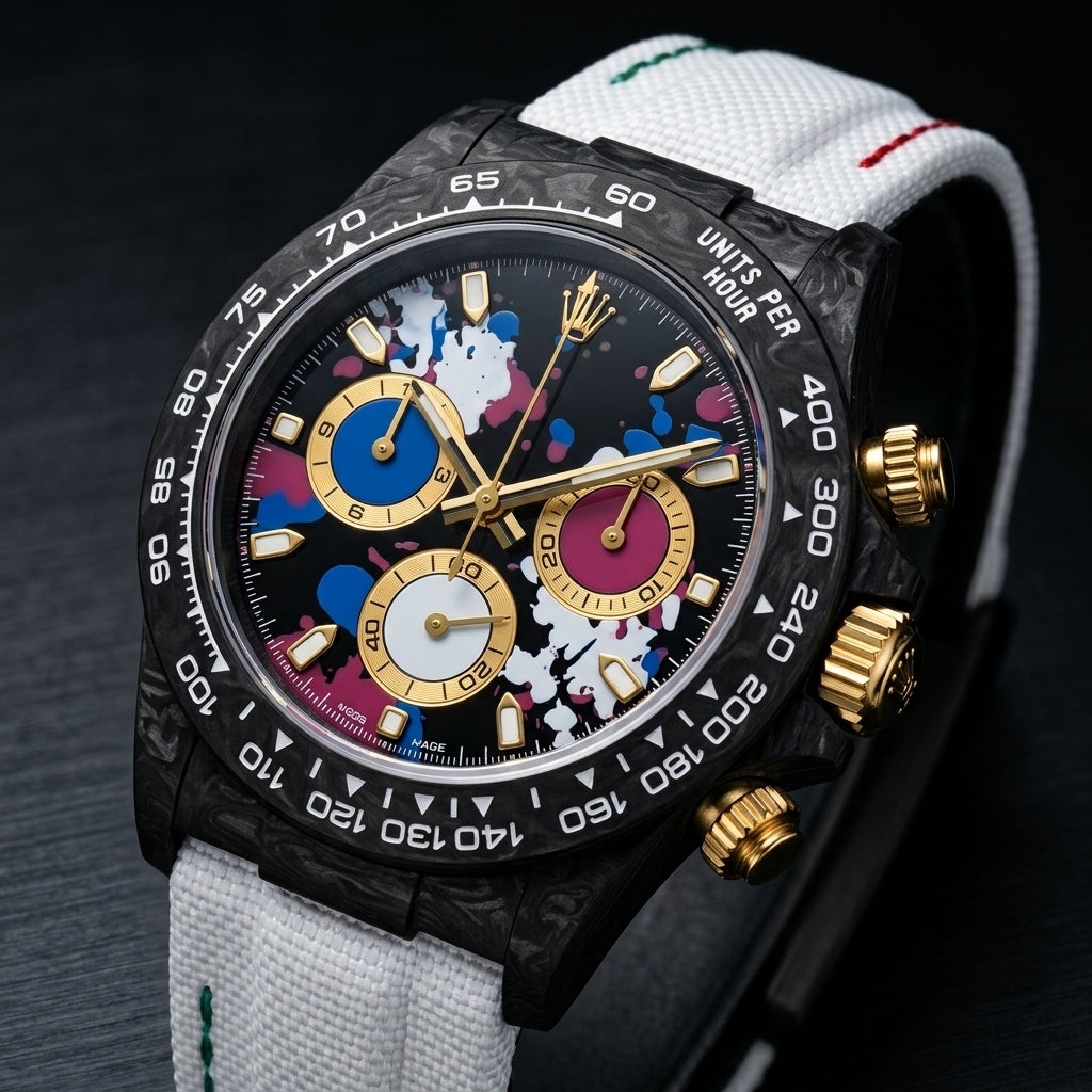Black forged-carbon chronograph on a white strap with green and red stitching, worn under a suit cuff