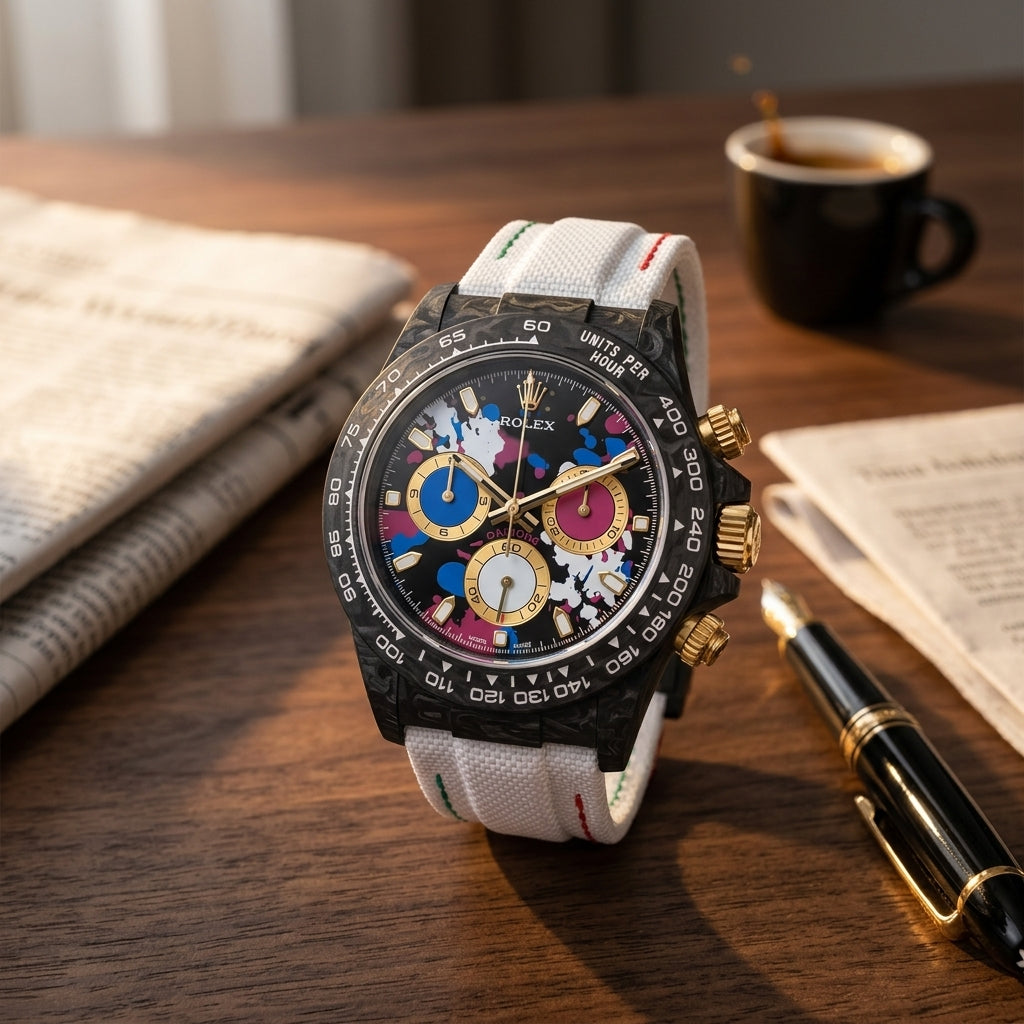 Black forged carbon chronograph with a paint-splash dial resting on a dark desk beside a fountain pen