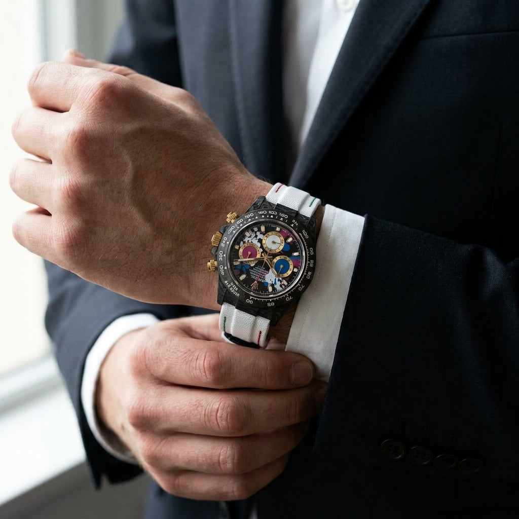 The paint-splash carbon chronograph on its white strap under a suit cuff at the wrist