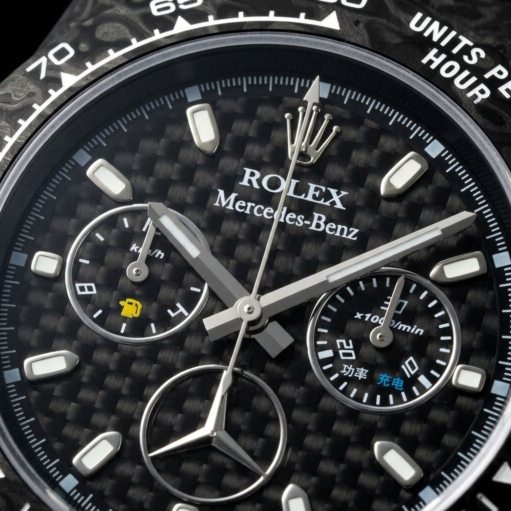 Macro of the woven carbon-fibre dial, its polished star emblem at six and the fuel-gauge and rev-counter sub-dials