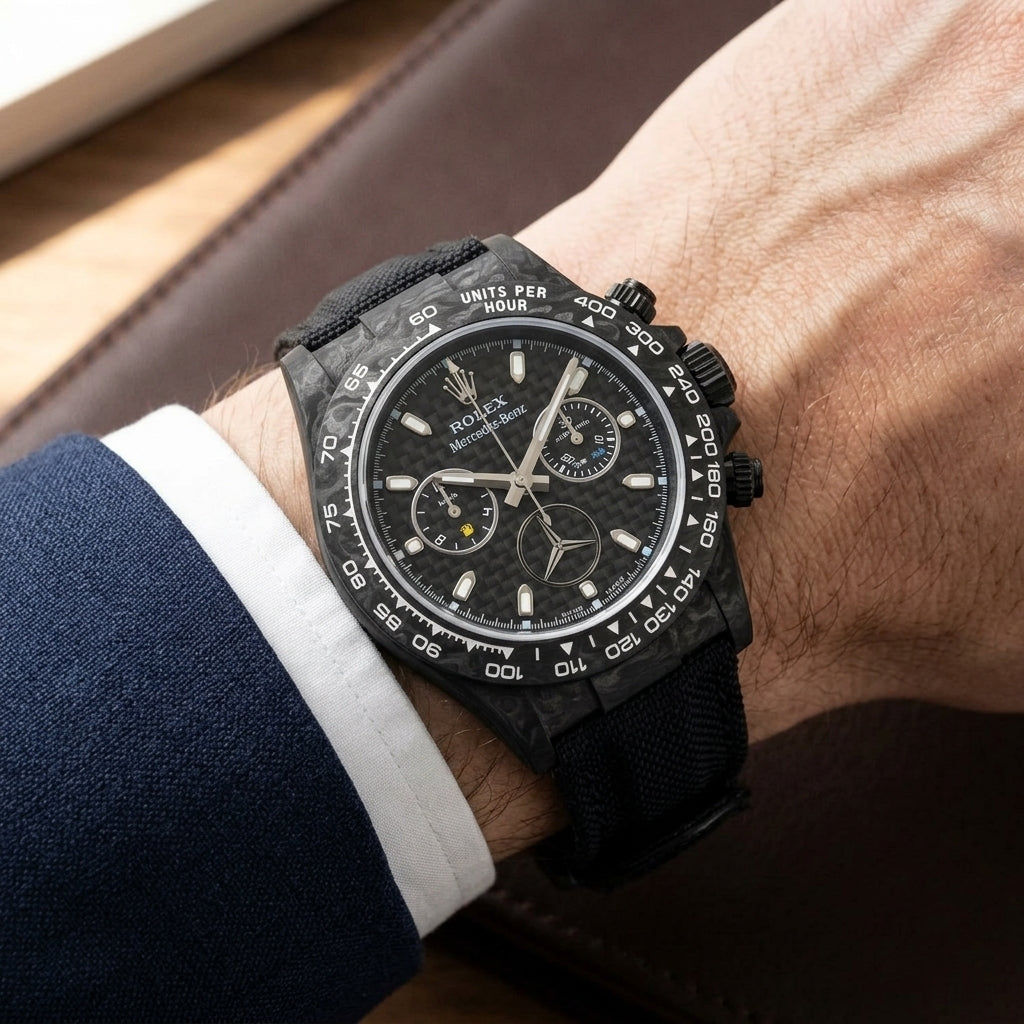 Black forged carbon chronograph on its black woven canvas strap, worn on the wrist below a navy suit cuff