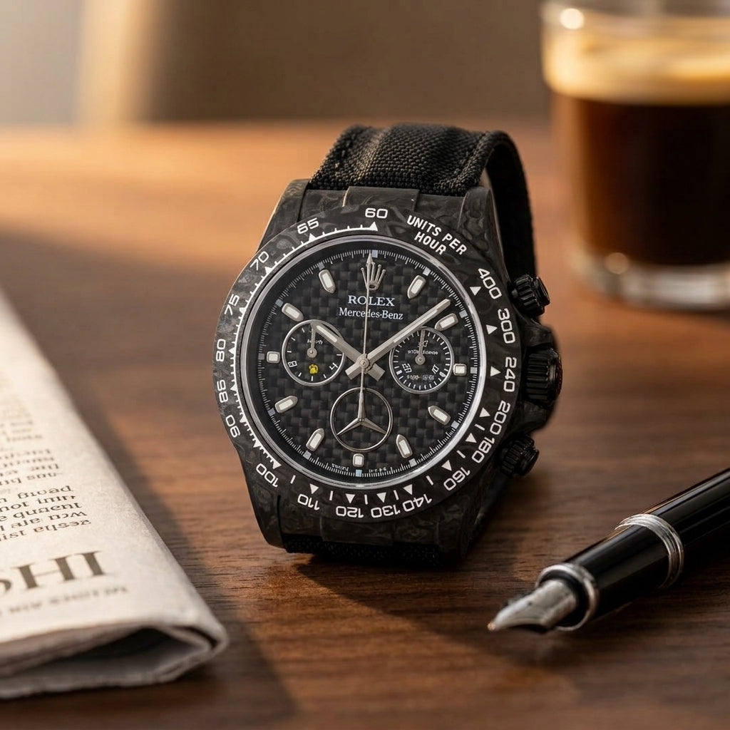 Black forged carbon chronograph with a carbon-fibre dial and a star emblem on a dark walnut desk beside a fountain pen