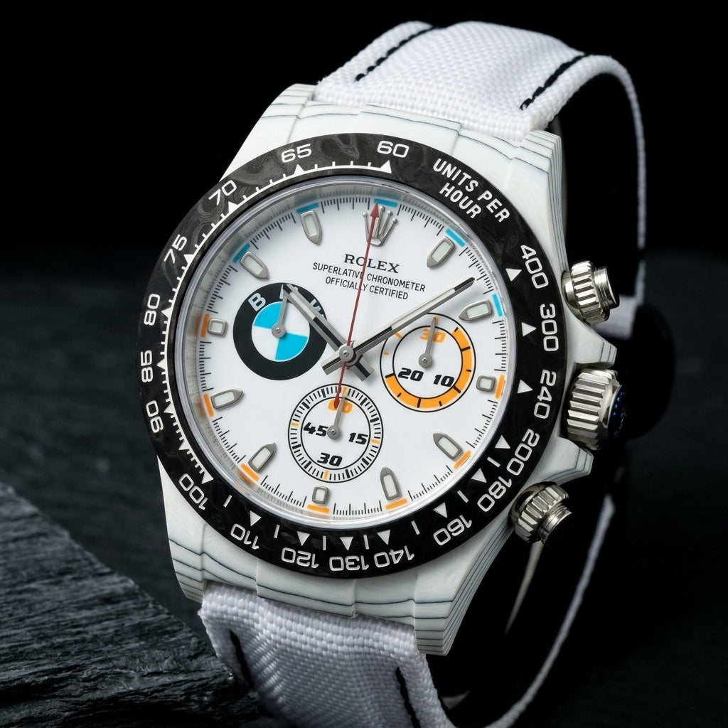 White forged-carbon chronograph at a three-quarter angle on dark slate