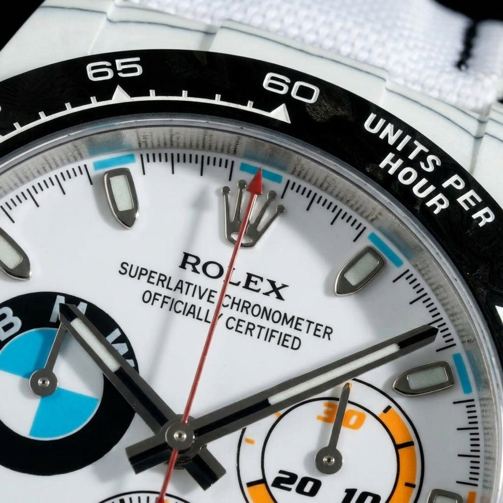 Macro of the white dial, its orange counter and the black tachymeter bezel