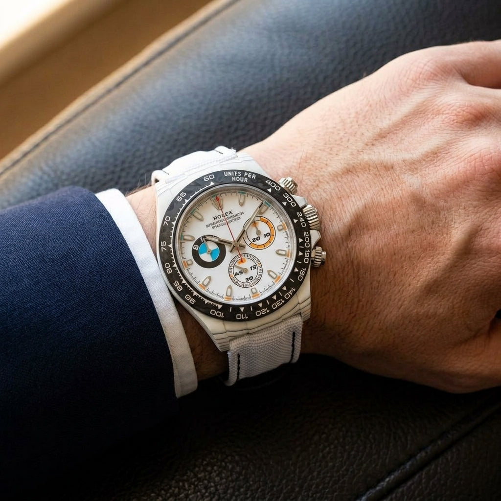 White forged-carbon chronograph on a white strap worn under a suit cuff