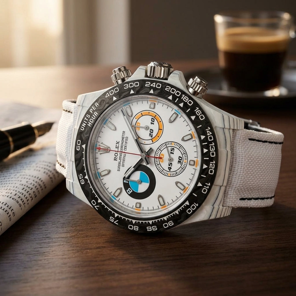 White forged carbon chronograph resting on a dark desk beside a fountain pen